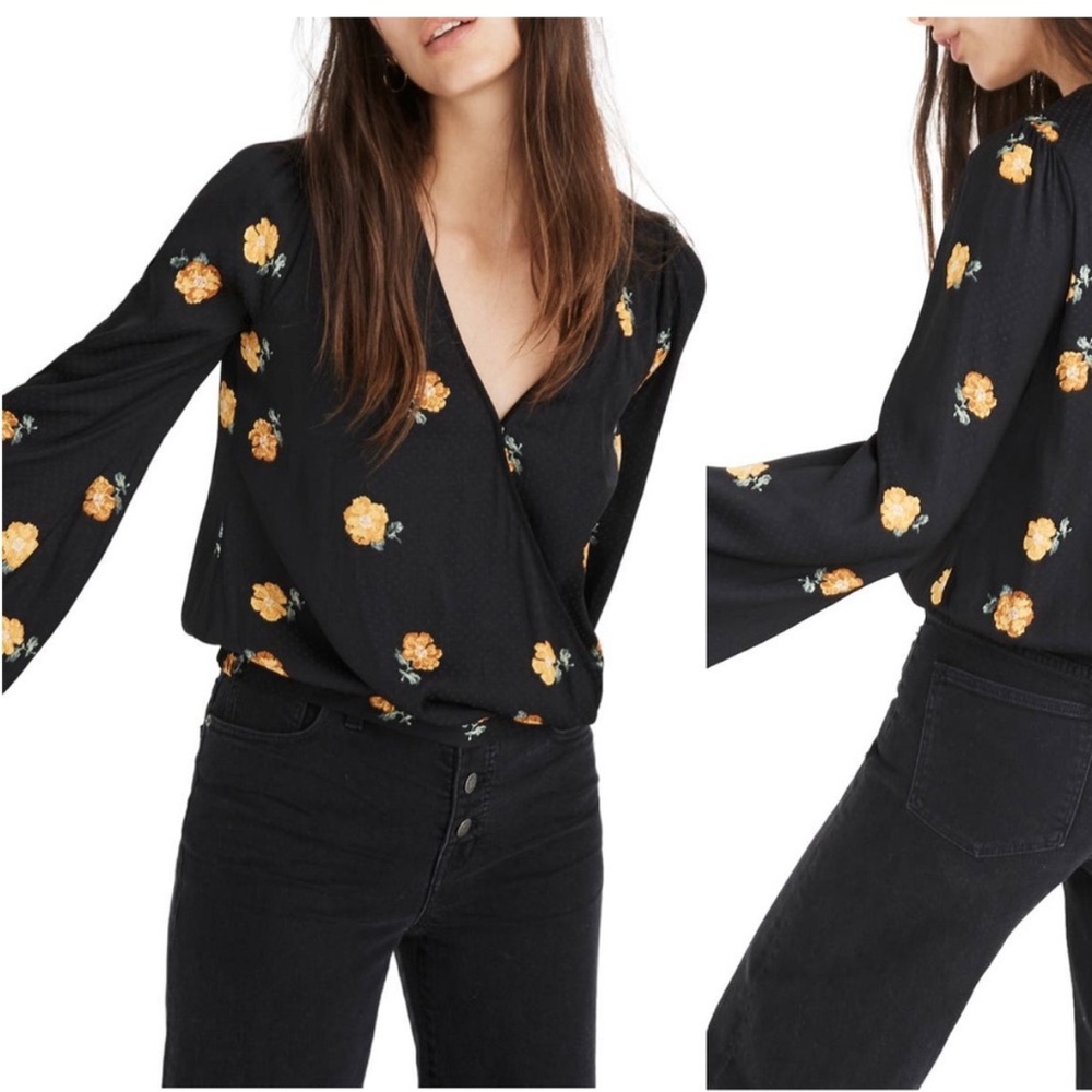 Madewell Top Small Bubble-Sleeve Wrap Top Black Floating Florets Yellow Floral